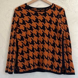 ANN TAYLOR Copper Navy Blue Houndstooth Textured Sweater.